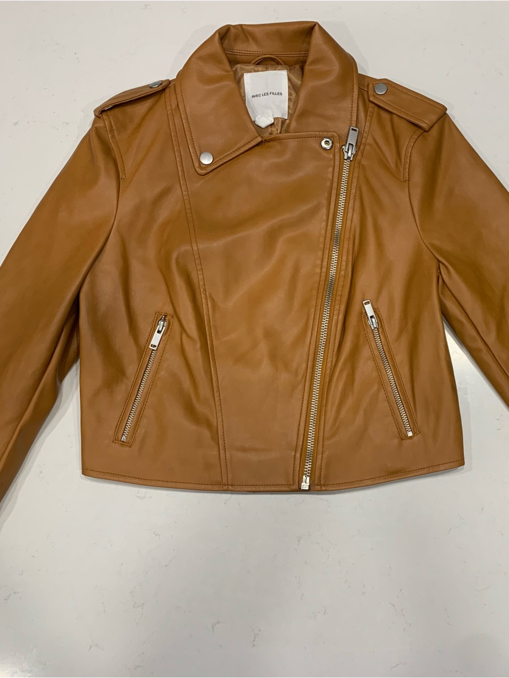 Avec Les Filles Camel Tan Brown Faux Leather Moto Jacket